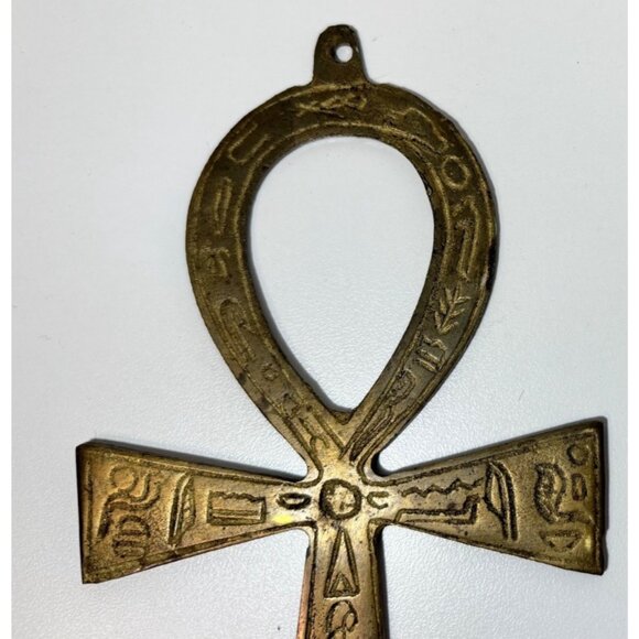 Vintage Egyptian Ankh Brass Wall Hanging With Hieroglyphics Design 7" Patina - Picture 2 of 4